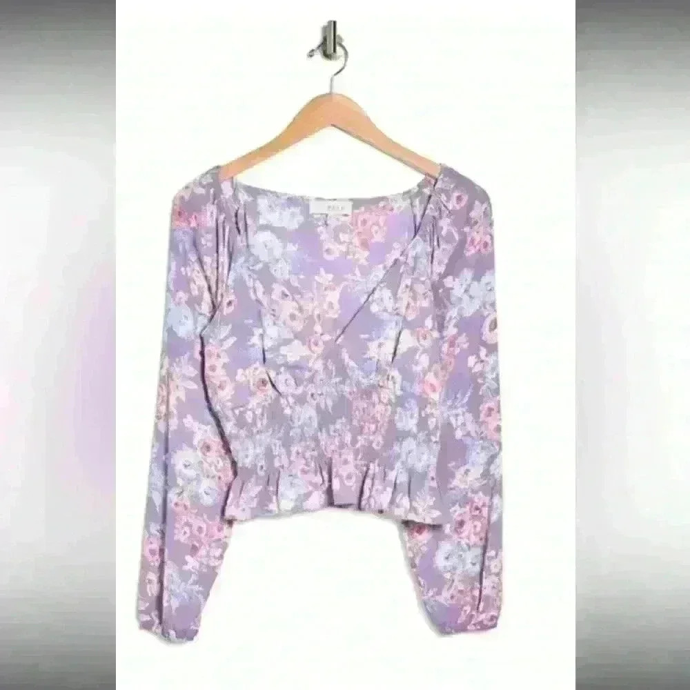 WAYF Floral Smocked Waist Top Lavender RosesDeepV-neck Long Sleeve Women's Small